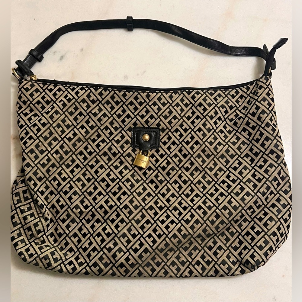 Tommy Hilfiger Black And Cream Logo Print Shoulder Bag Tote Gold Accents